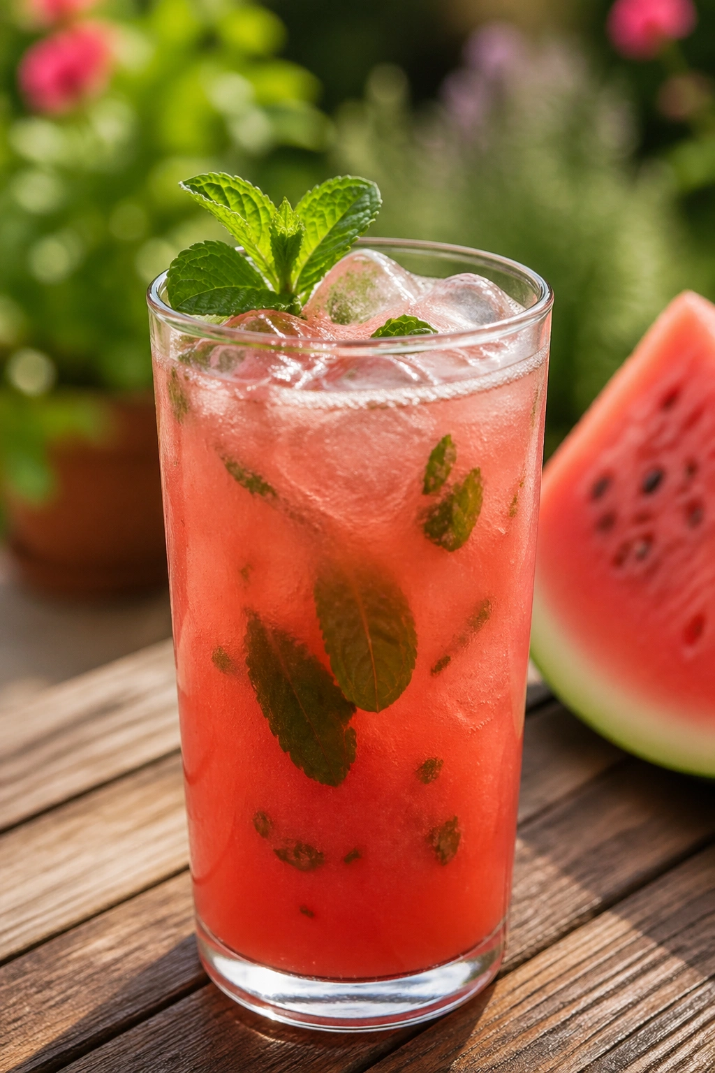 Glass of watermelon mint cooler with mint leaves on an outdoor table