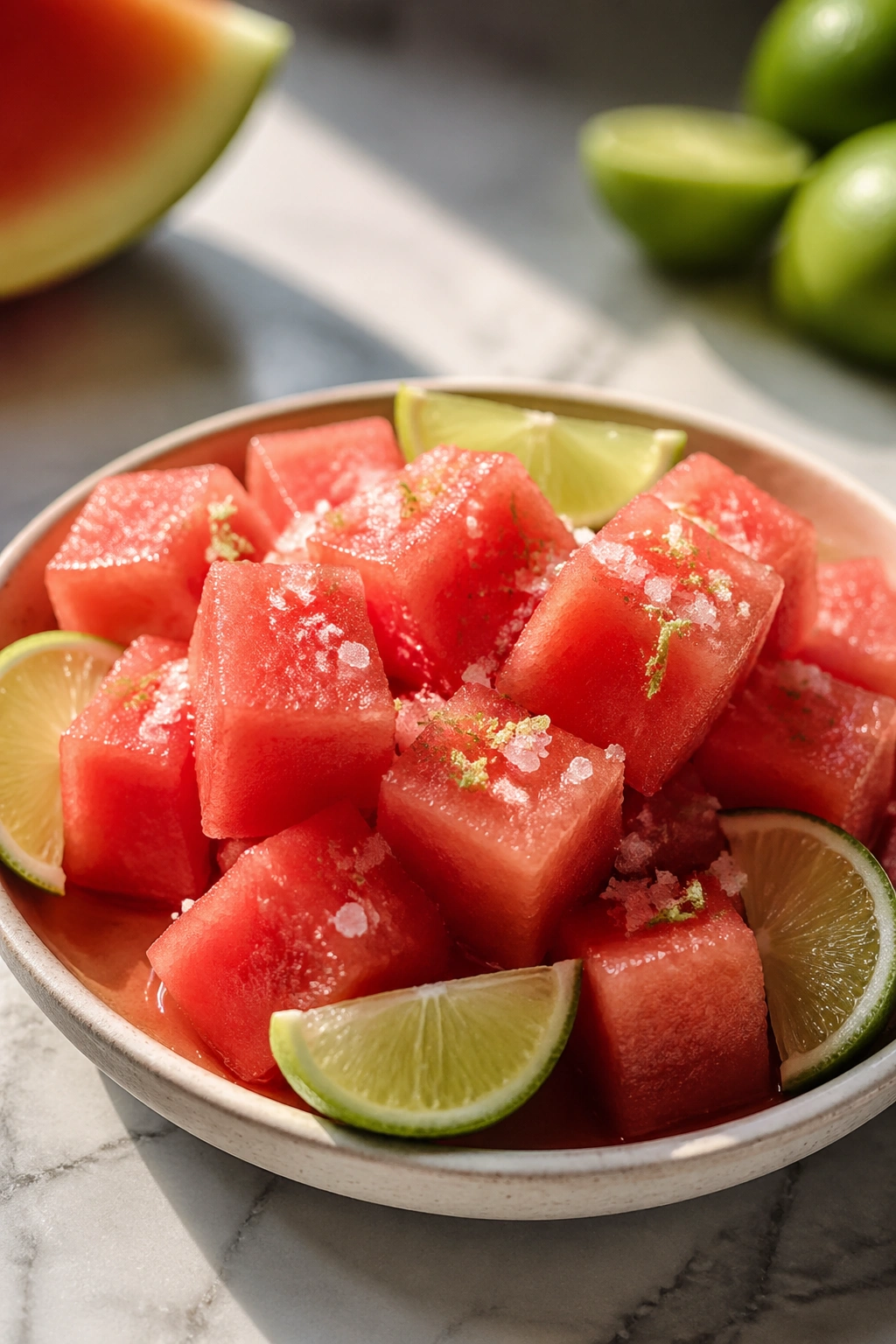 Watermelon cubes with lime wedges and a pinch of salt on a dish