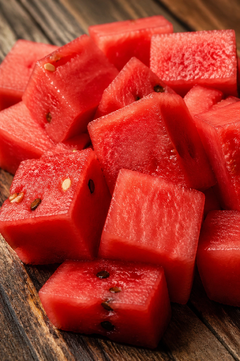 Close-up of crisp watermelon cubes on a rustic wooden surface