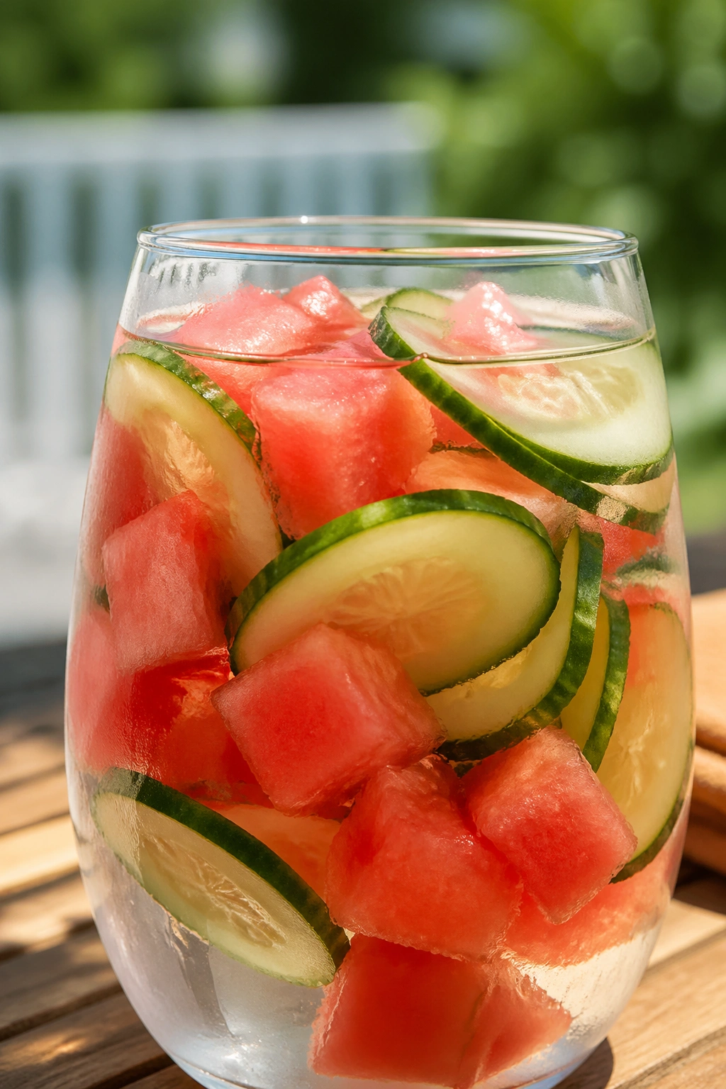 Close-up of watermelon cucumber water in a glass