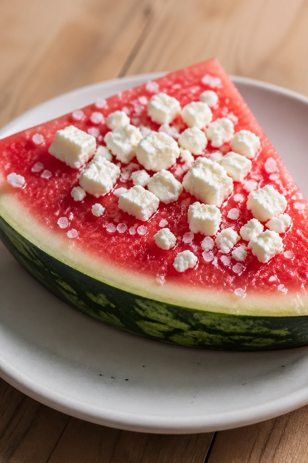 Watermelon wedge with feta on a plate with light background