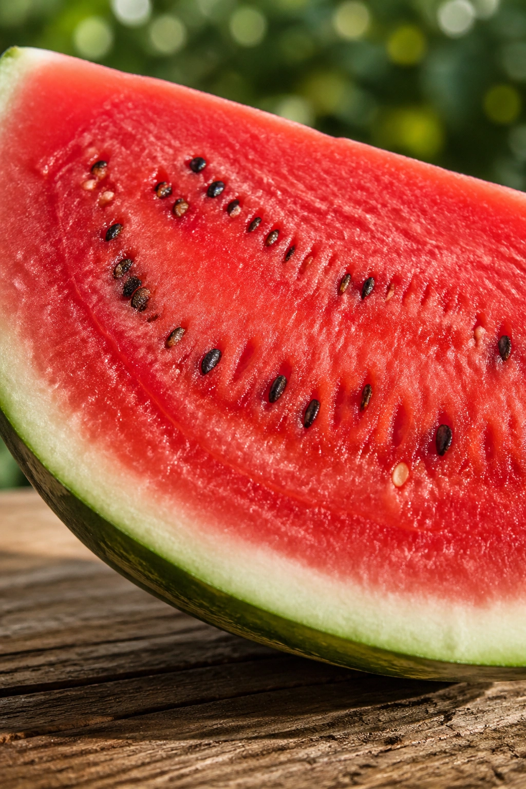 Close-up of a watermelon slice on a wooden surface in sunlight