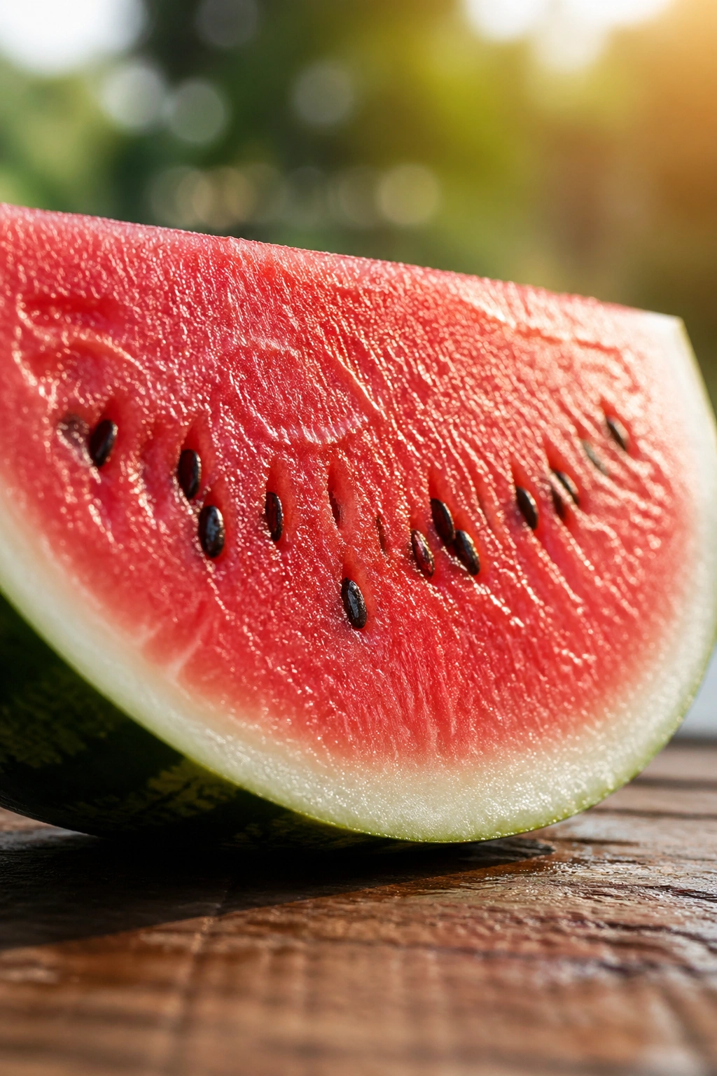 Close-up of a juicy watermelon wedge filling the frame on a wooden outdoor table