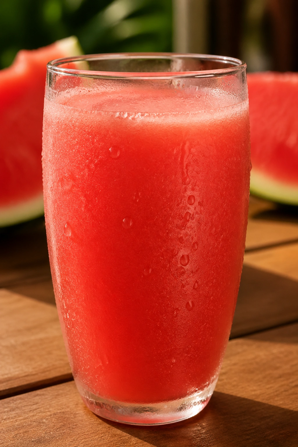 Glass of watermelon juice with condensation in bright outdoor setting.