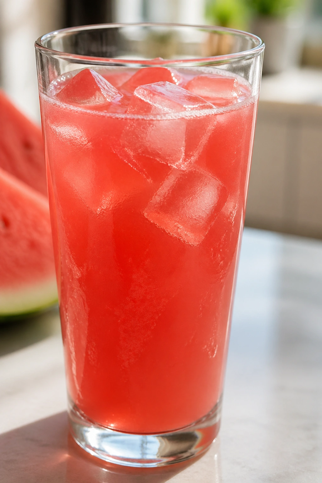 Glass of watermelon juice on a bright kitchen counter