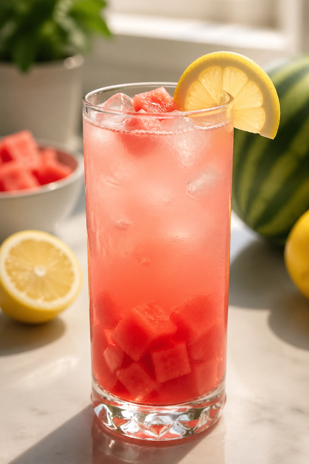 Tall glass of watermelon lemon cooler with lemon wedge