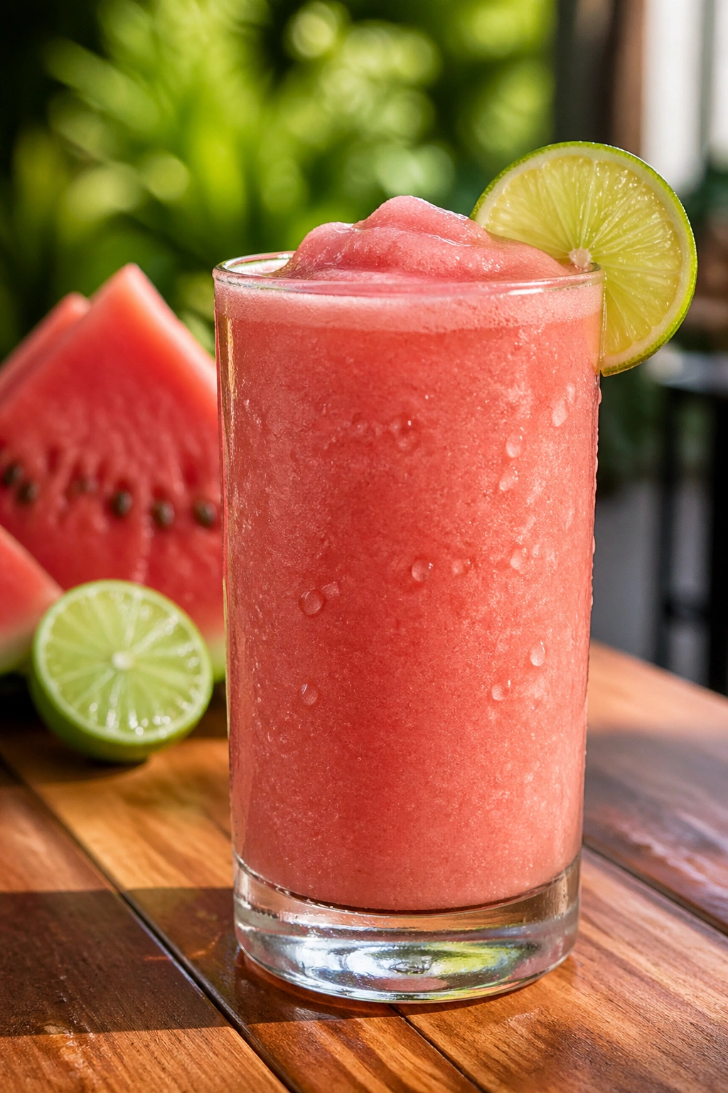 Watermelon Lime Electrolyte Smoothie in glass on outdoor patio in daylight