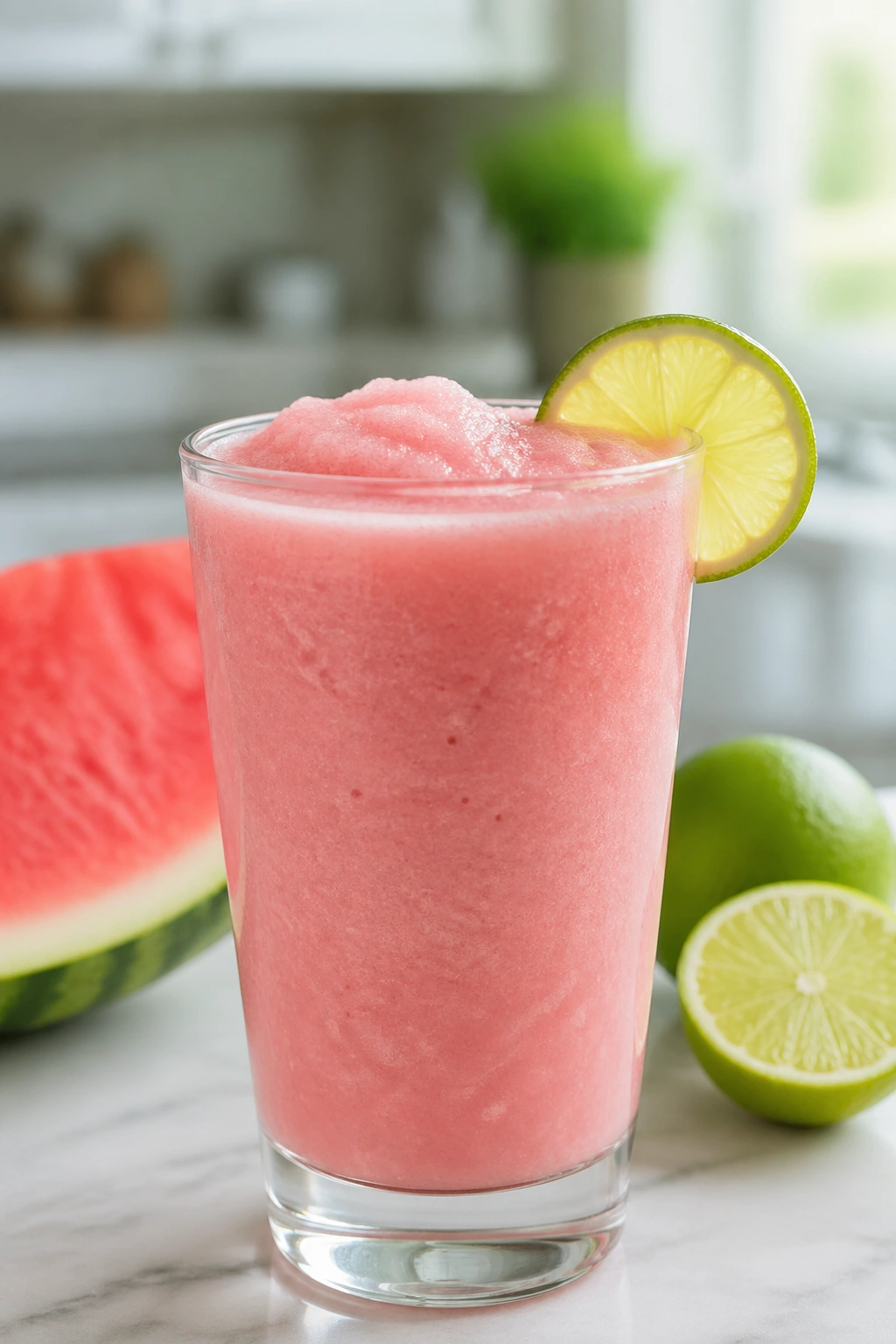 Close-up of a glass of watermelon lime electrolyte recovery smoothie on a kitchen counter