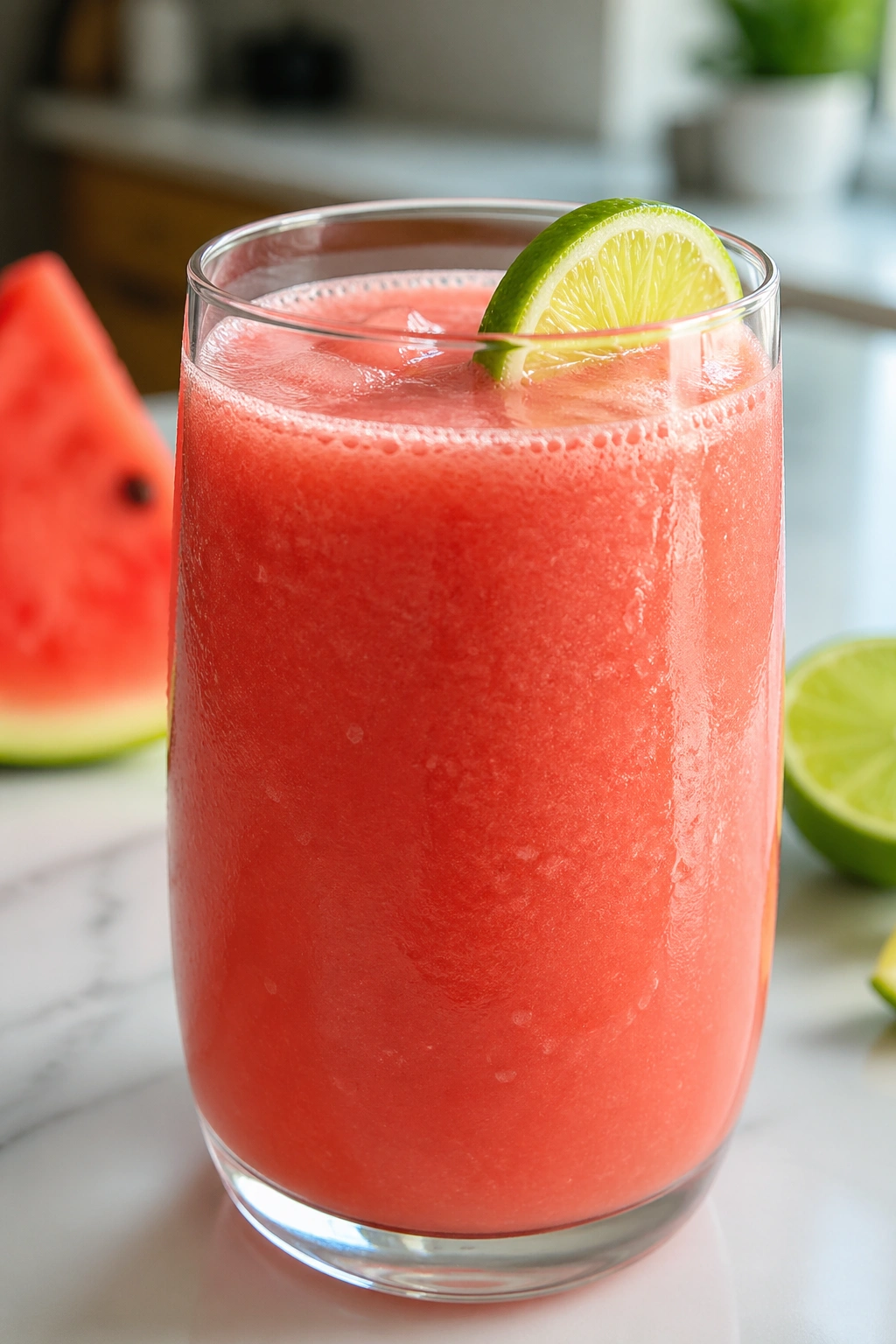 Close-up of Watermelon Lime Electrolyte Smoothie in a glass on a kitchen counter.