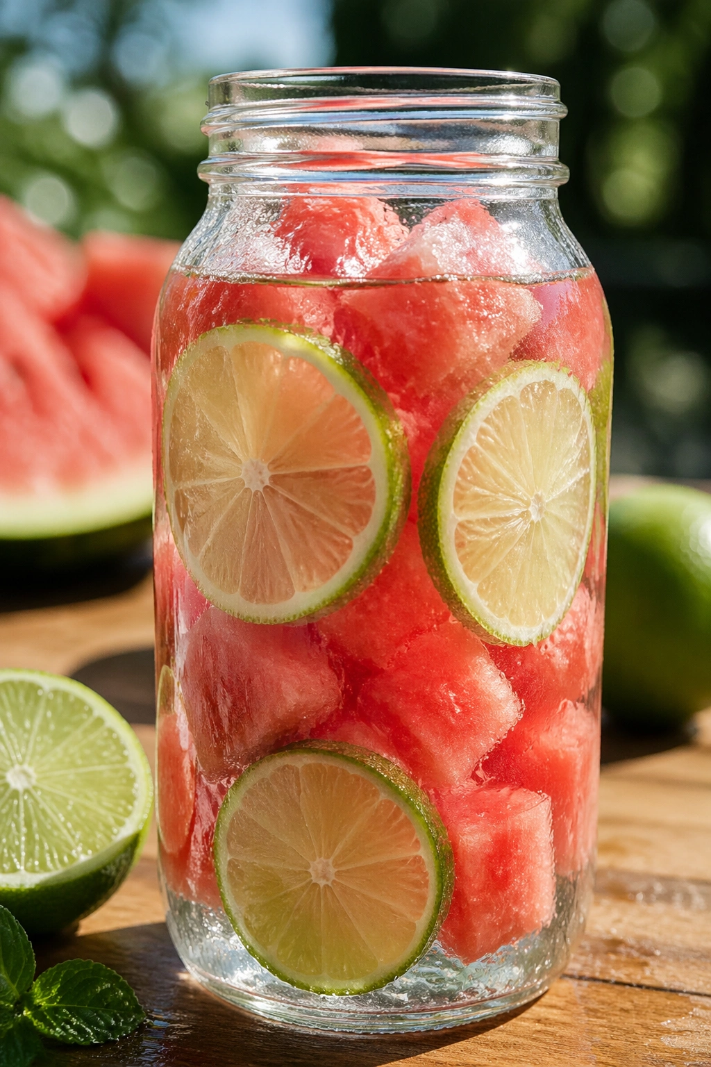 Mason jar of watermelon and lime infusion in bright sunlight.