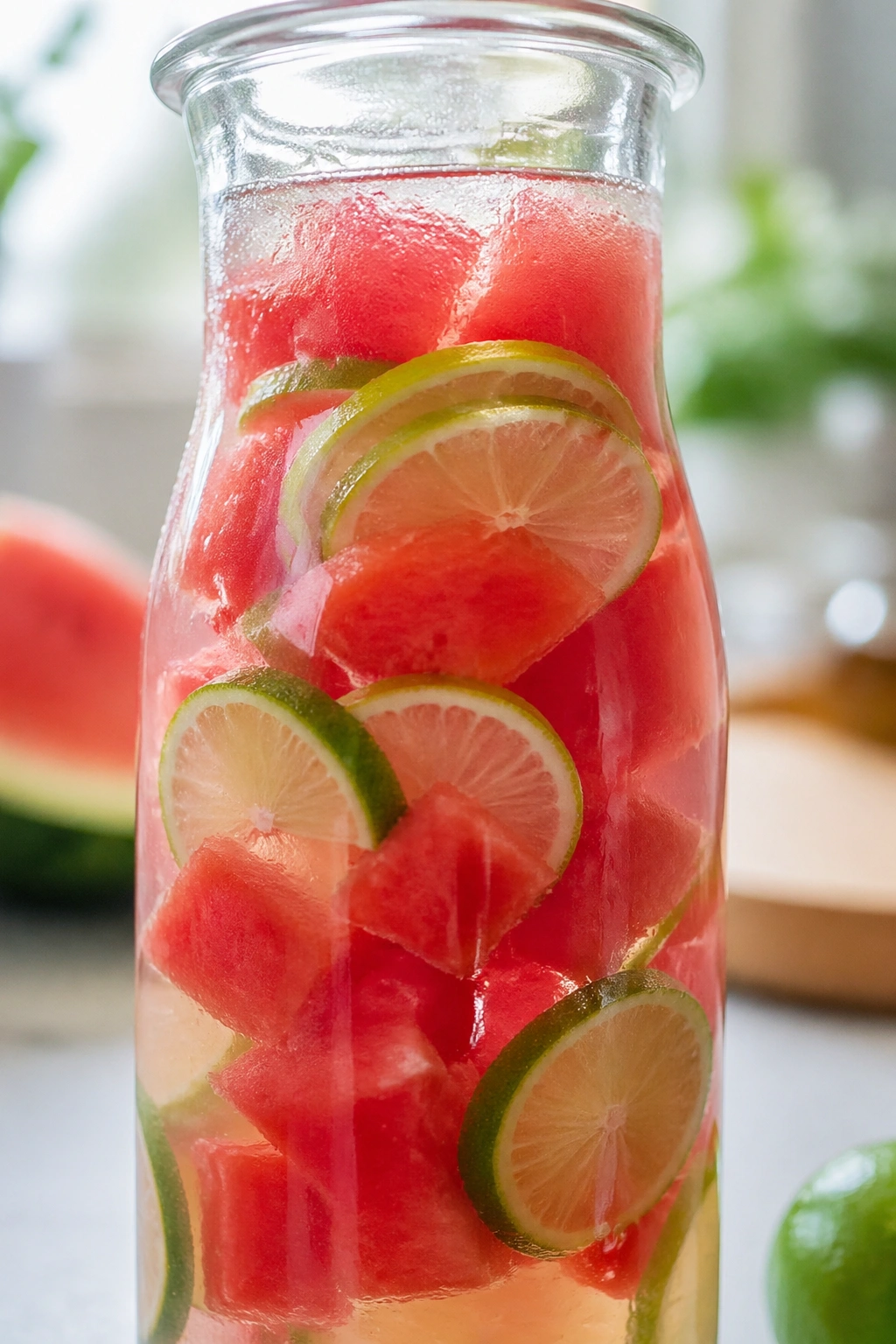 Close-up of watermelon lime water in a glass bottle with watermelon chunks and lime slices