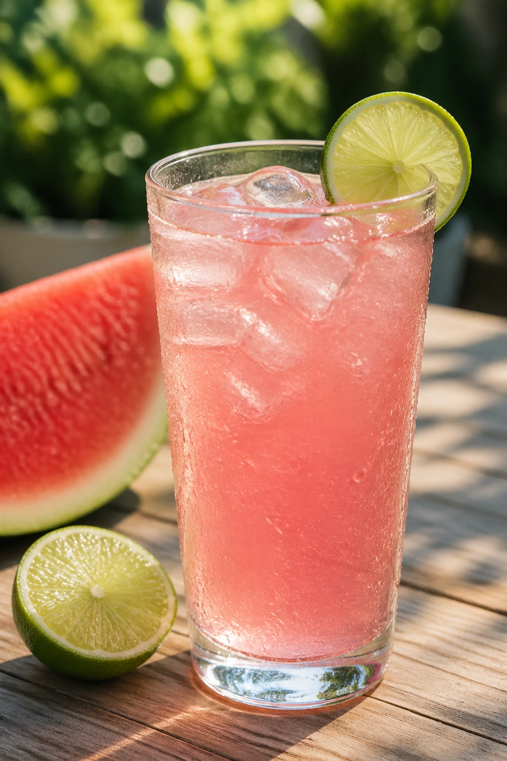 Watermelon lime clear protein cooler in tall glass on outdoor patio.