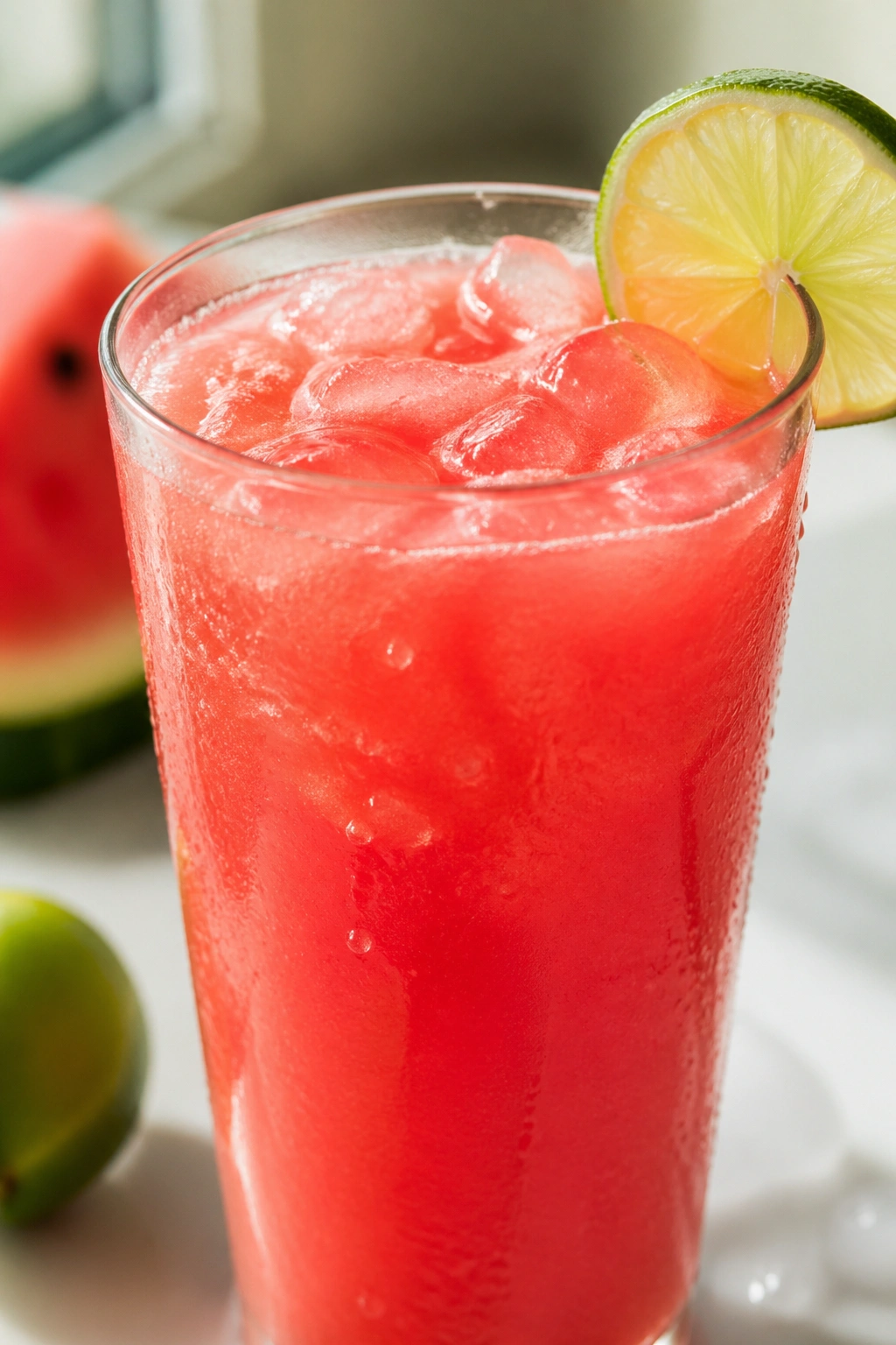 Close-up of a watermelon lime rehydration smoothie in a glass
