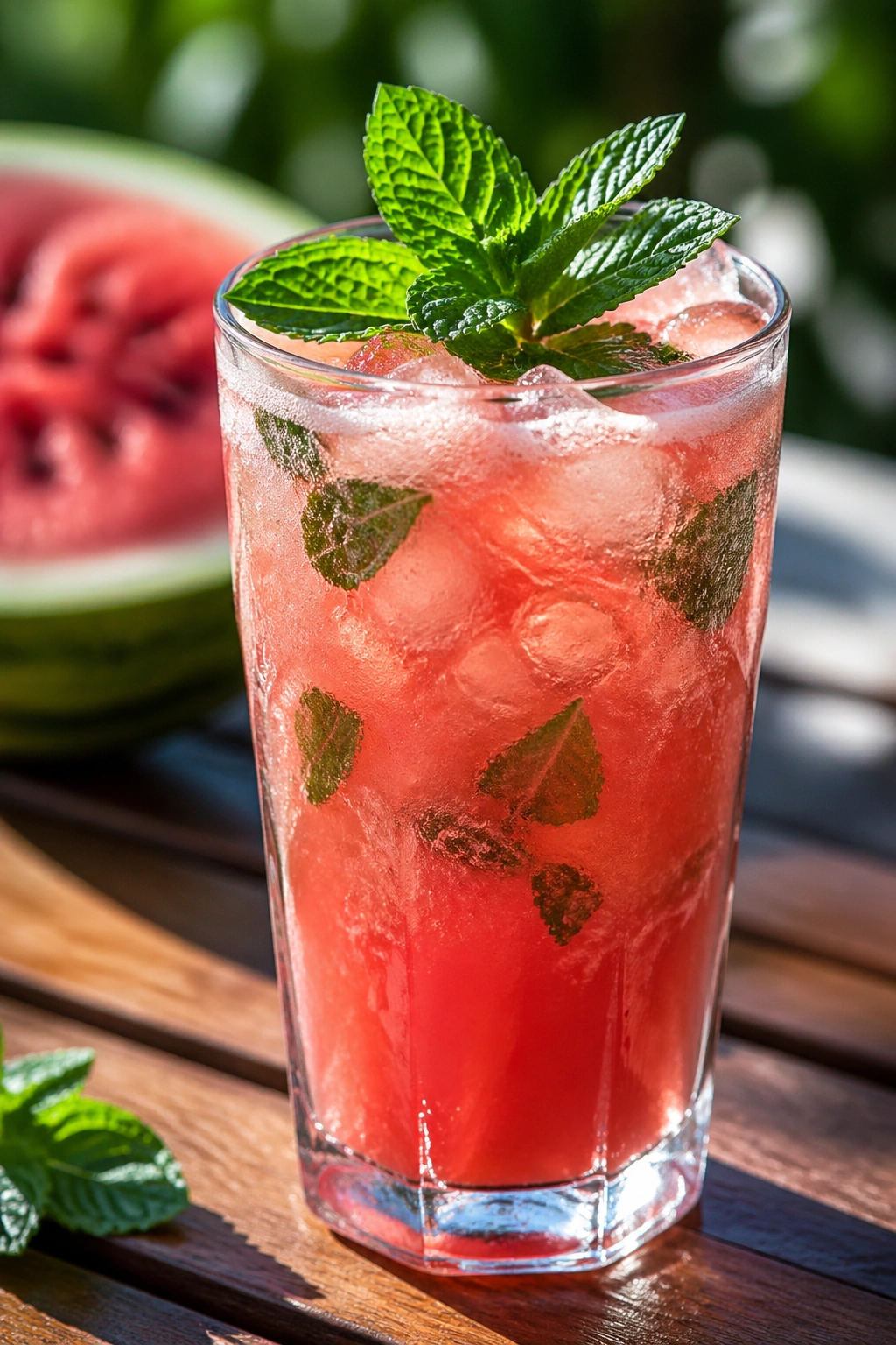 Close-up of Watermelon Mint Cooler on an outdoor table