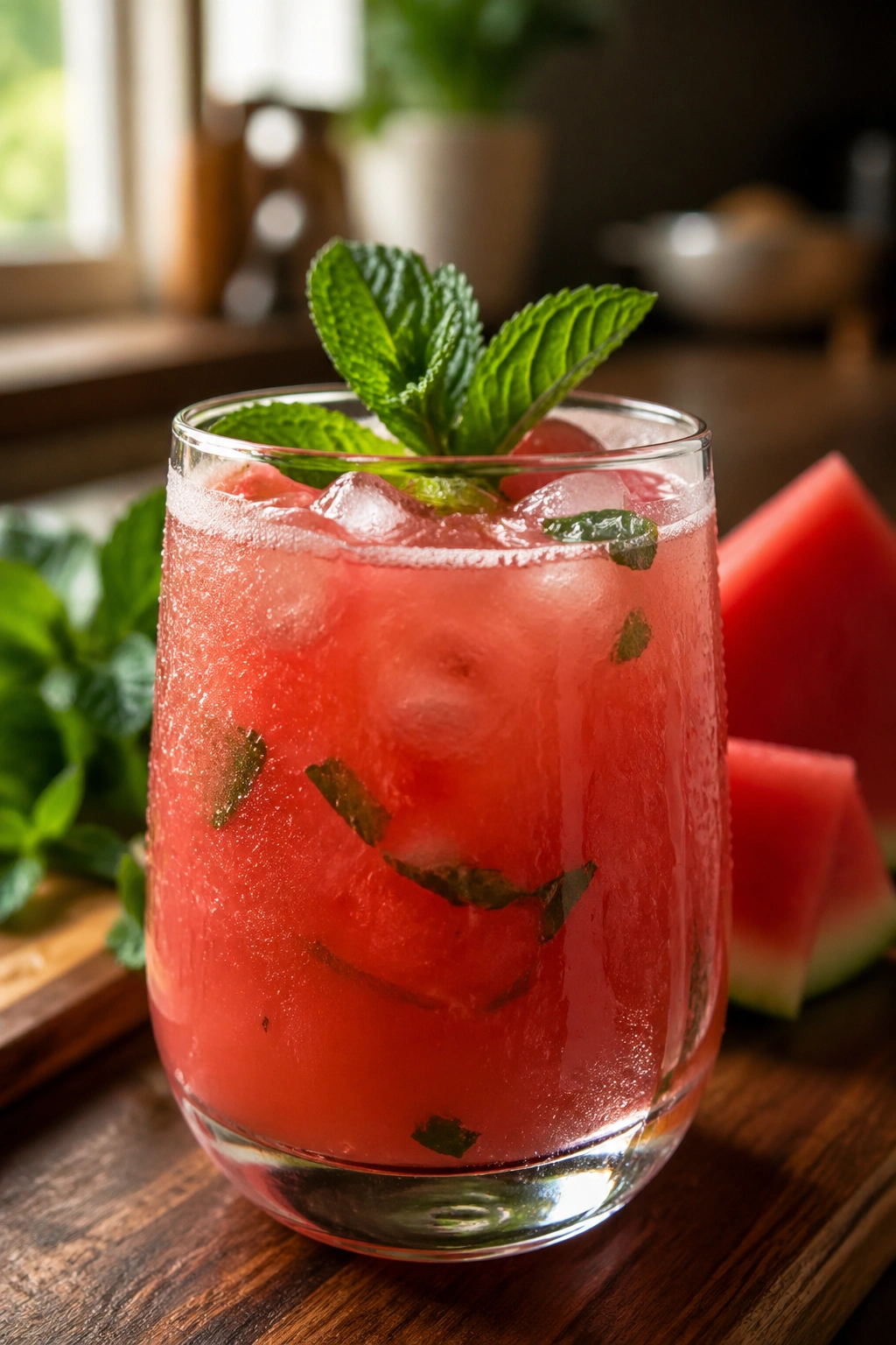 Close-up of a glass of watermelon mint cooler with mint, on a kitchen counter