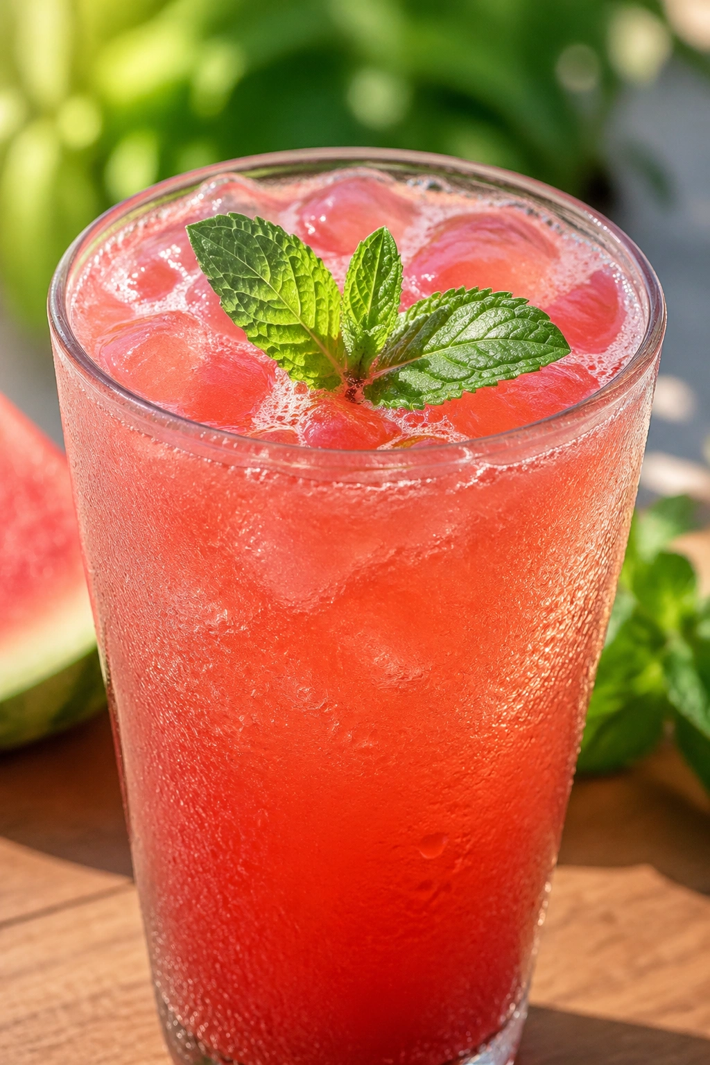 Close-up of a watermelon mint electrolyte drink in a glass
