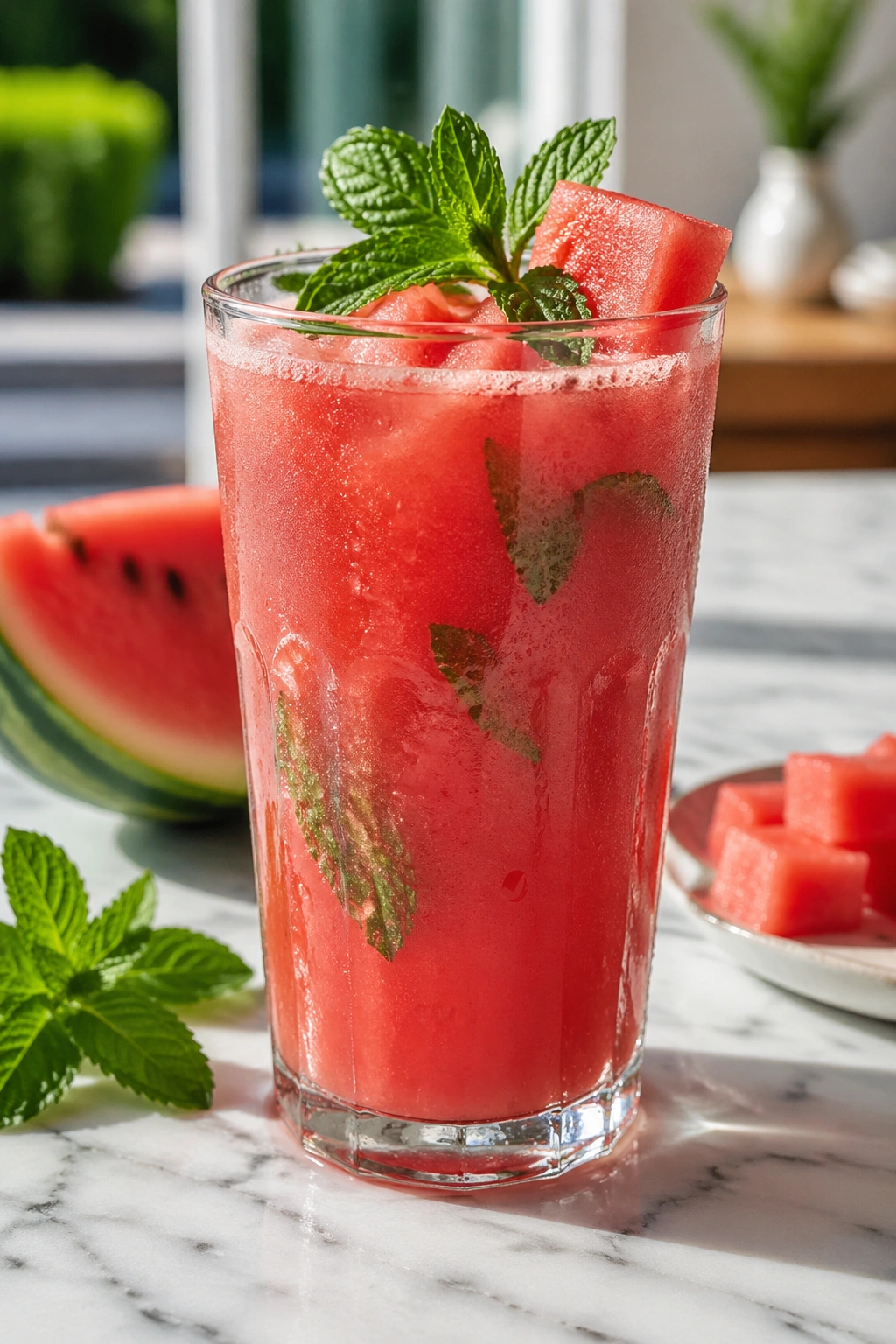 Close-up of Watermelon Mint Electrolyte Drink in a glass with mint leaves on a bright counter