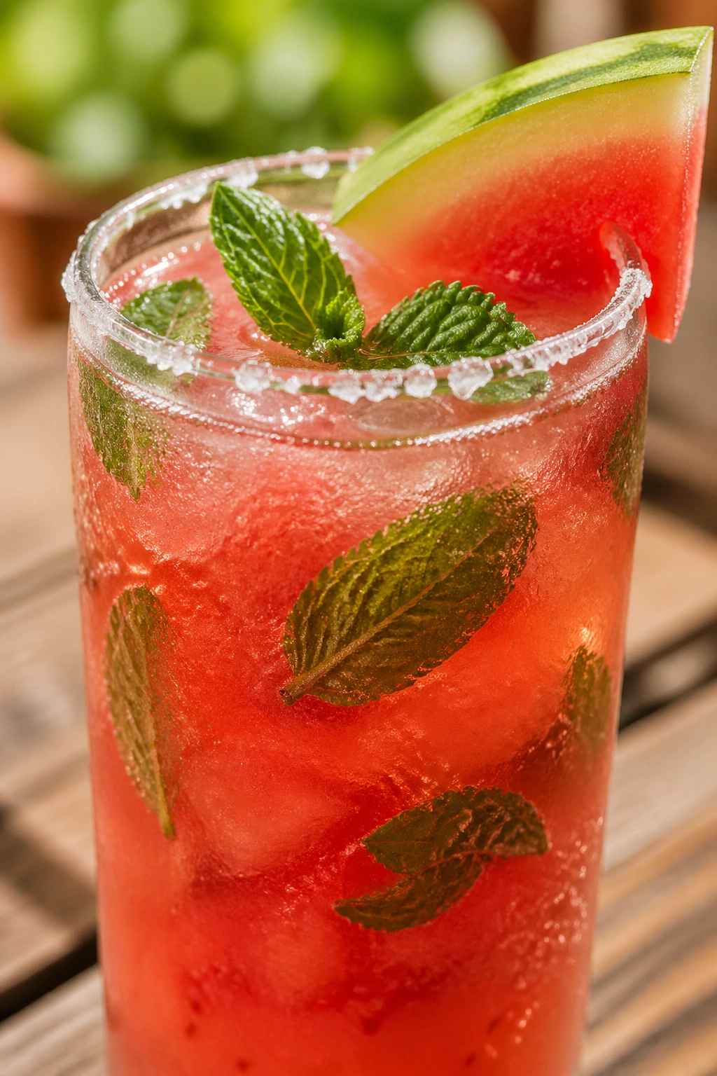 Close-up of watermelon mint pump drink with mint leaves in a sunny outdoor setting