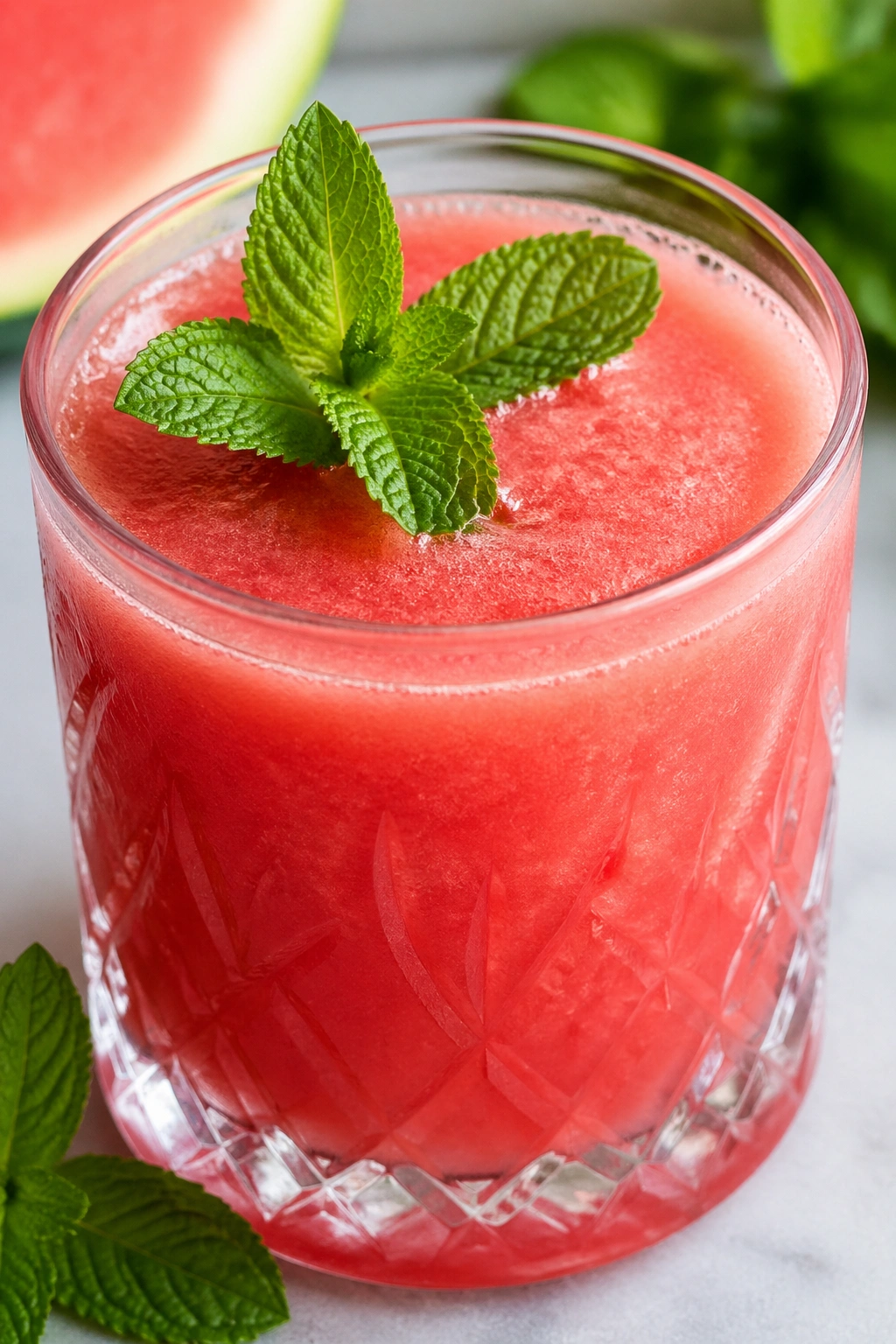 Close-up of pink watermelon-mint juice in a glass with mint leaves