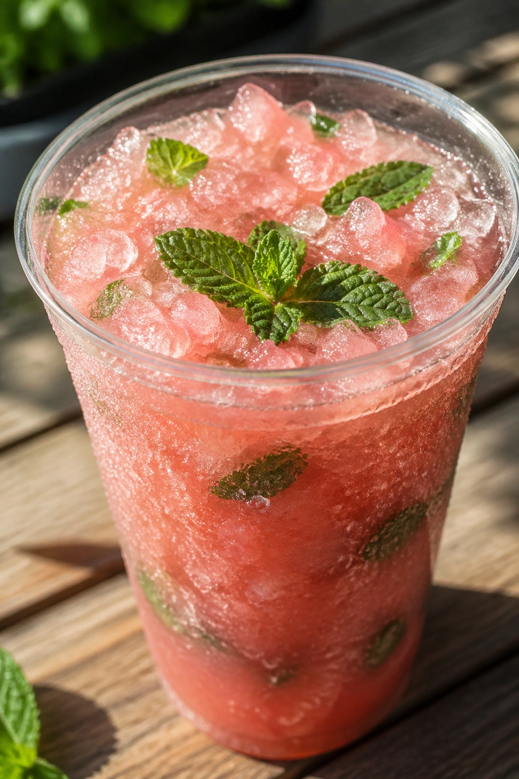 Close-up of watermelon mint slush in a glass with mint leaves on a sunny table.