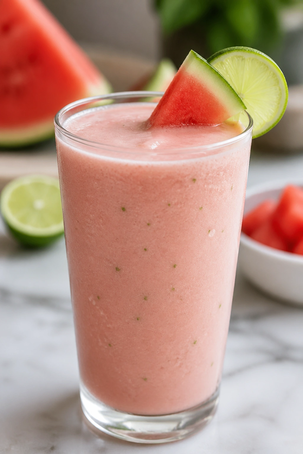 Close-up of Watermelon Lime Protein Smoothie in a glass on a bright kitchen counter