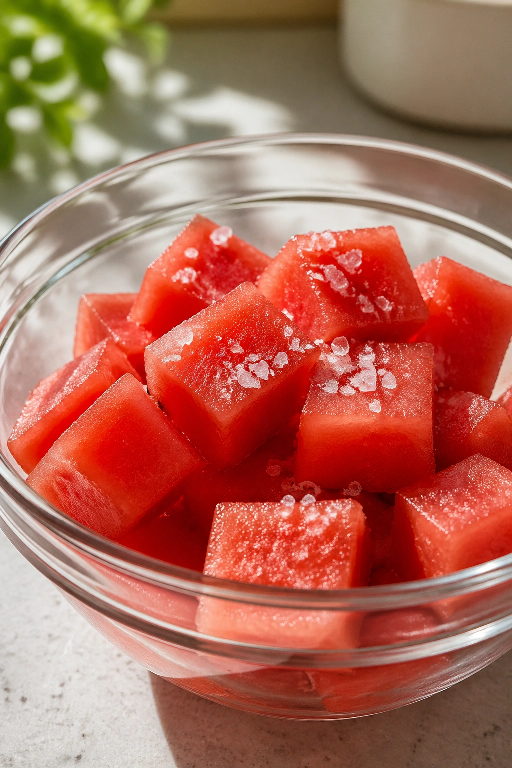 Watermelon cubes with a pinch of salt in a bowl in sunlit kitchen