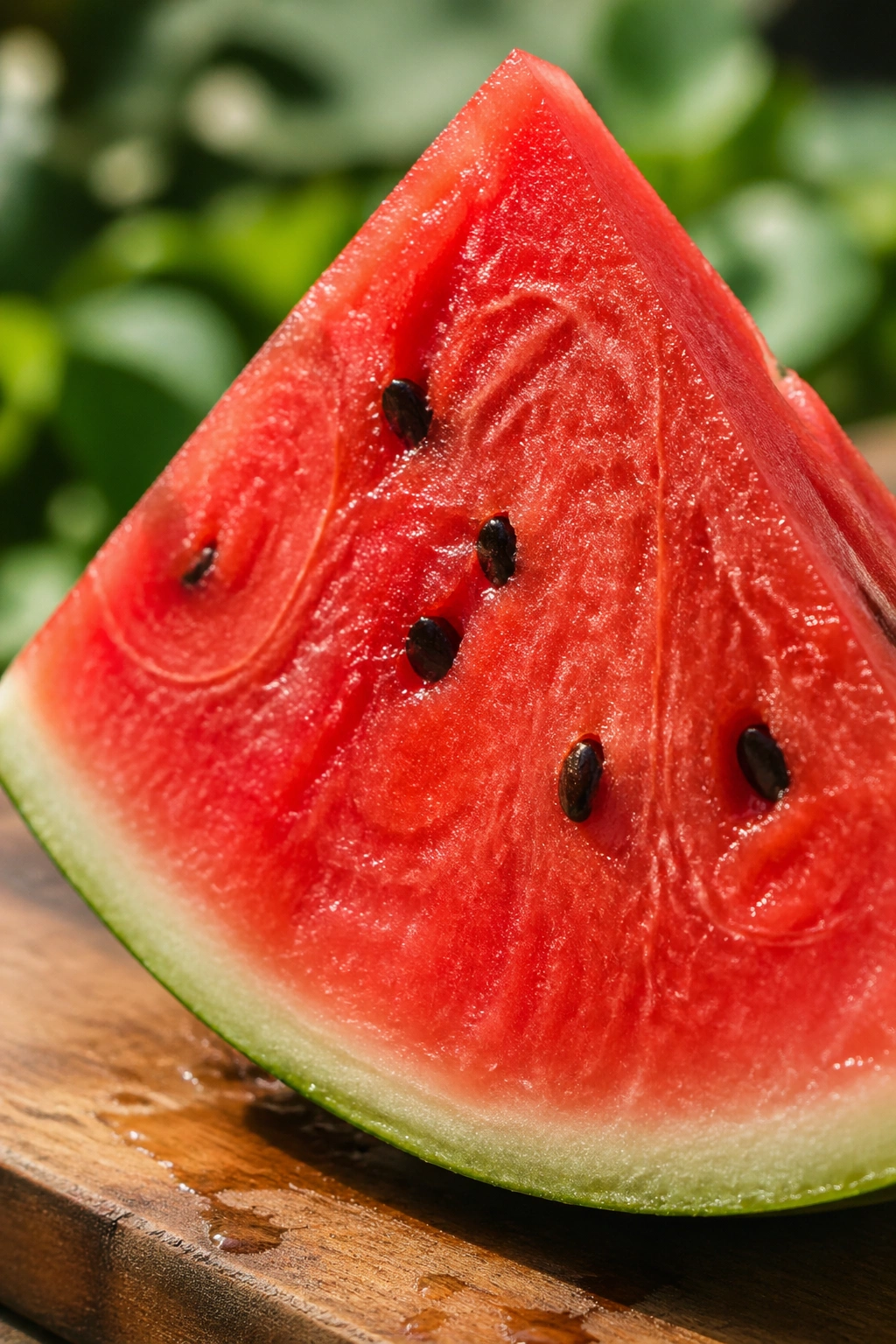 Close-up of a watermelon slice on a wooden surface in sunlight