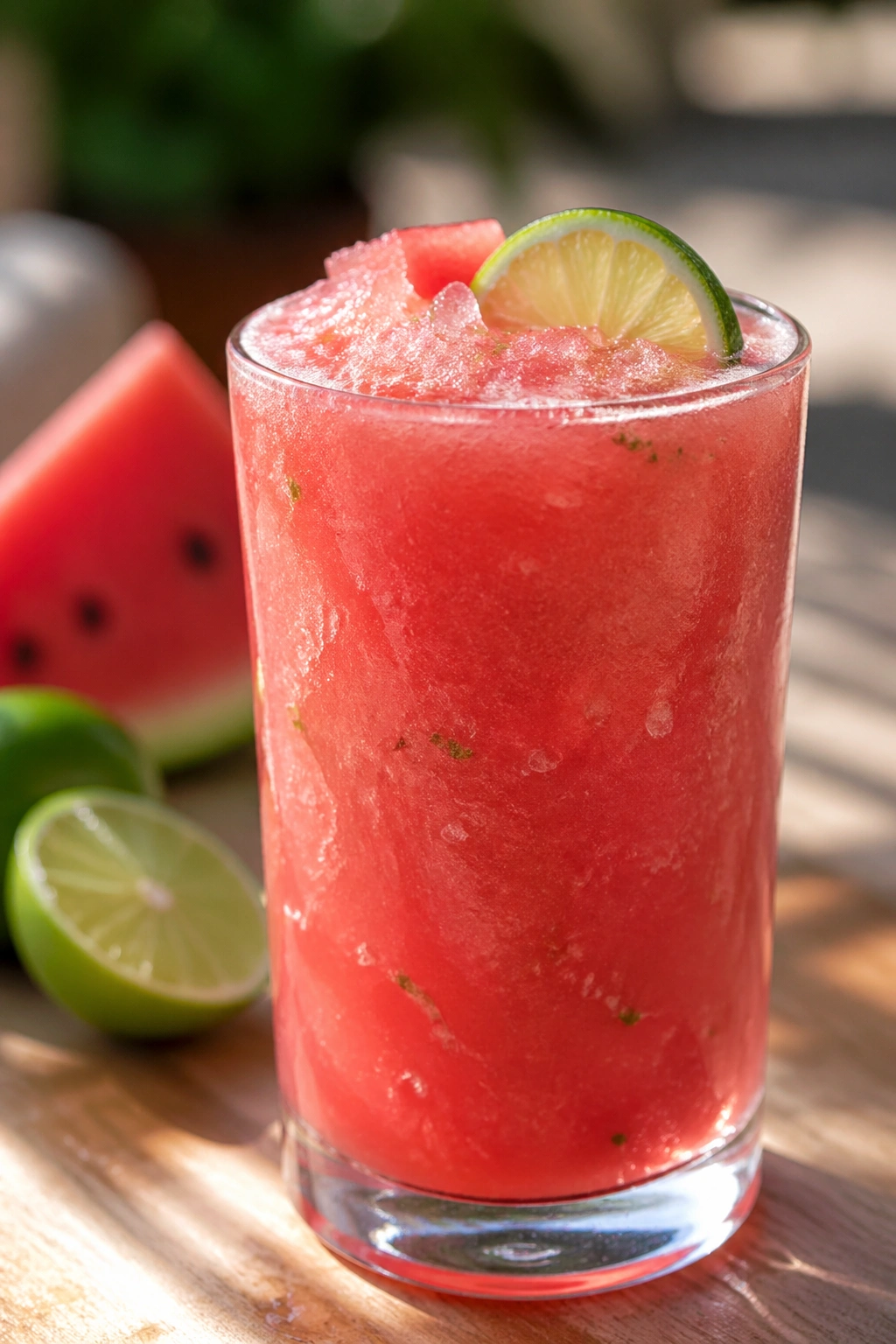 Close-up of a watermelon lime smoothie in a glass on a sunny outdoor patio.