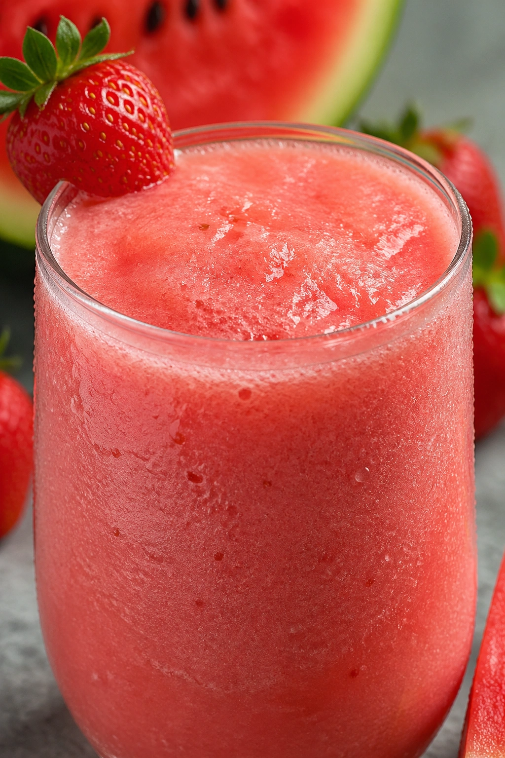 Bright pink dairy-free smoothie in a glass with ice on a kitchen counter