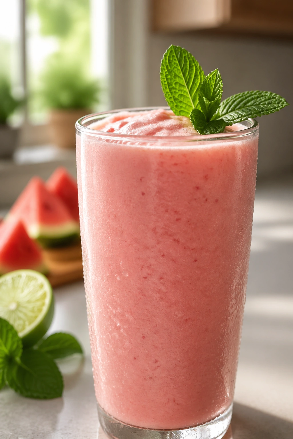 Close-up of a pink watermelon yogurt smoothie with mint garnish in a glass on a sunlit kitchen counter
