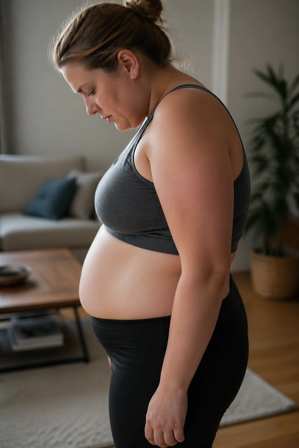 Woman portrait showing slouched posture and forward belly