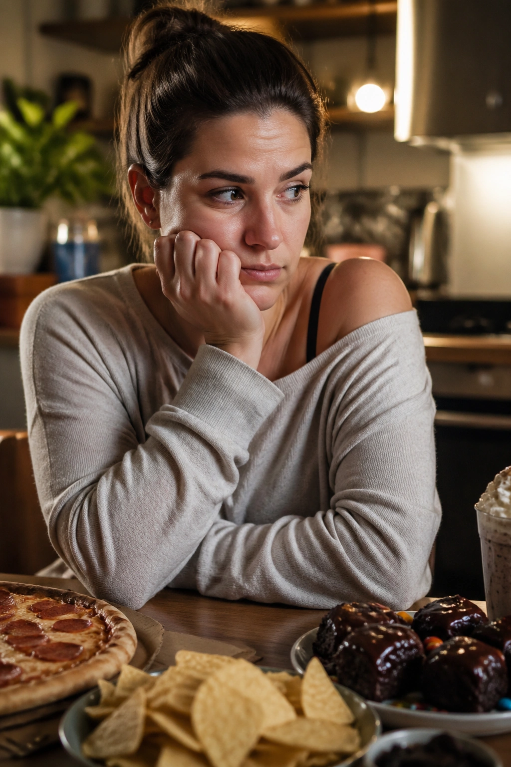 Portrait of a real person at a dinner table with indulgent foods in the background, illustrating weekend blowouts undoing the week