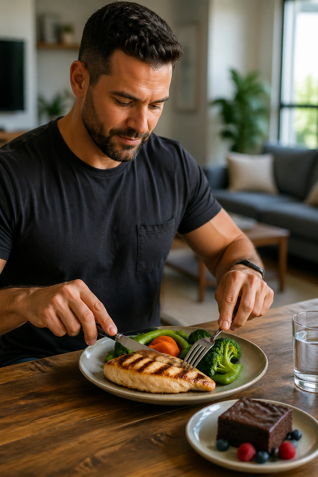 Man protecting weekend by choosing balanced meals over indulgence