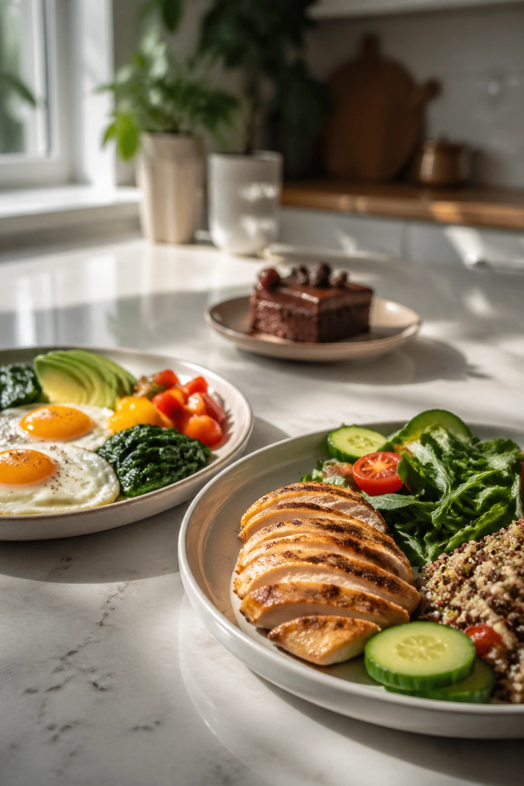 Two plates on a sunlit kitchen counter showing weekend meals with a flexible indulgence