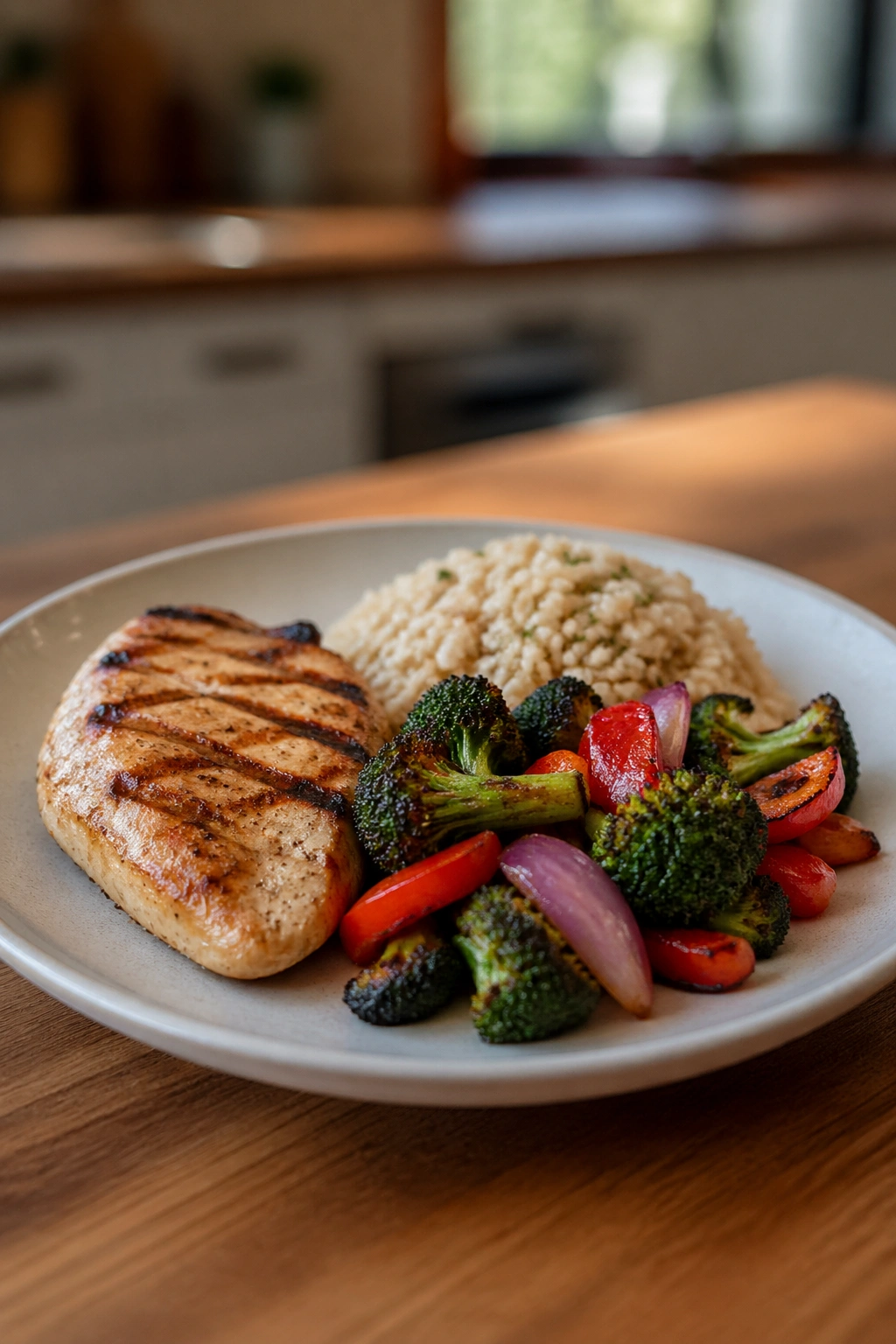 Balanced weekend dinner plate with protein, vegetables, and starch