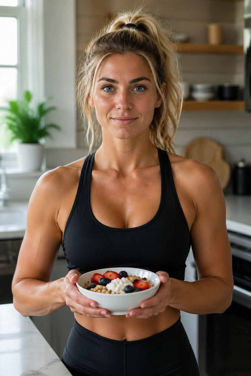 Medium close-up of a person holding a protein breakfast to protect weekend progress