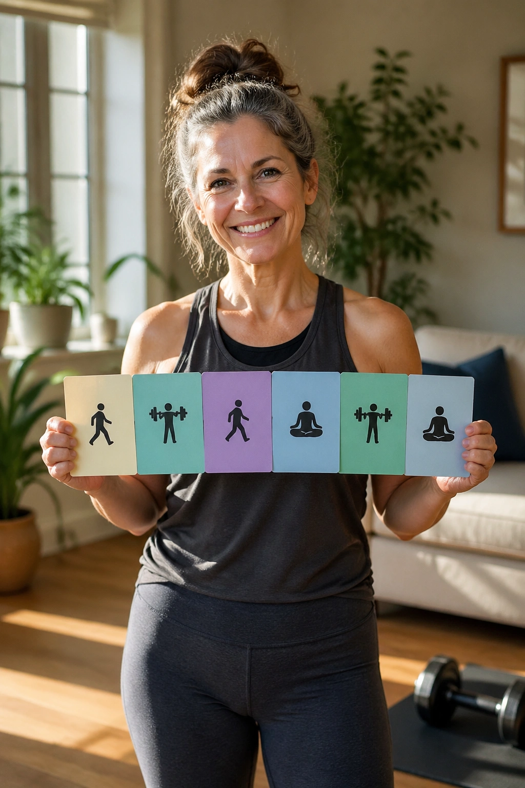 Woman over 50 planning a weekly routine with walking and lifting using icons
