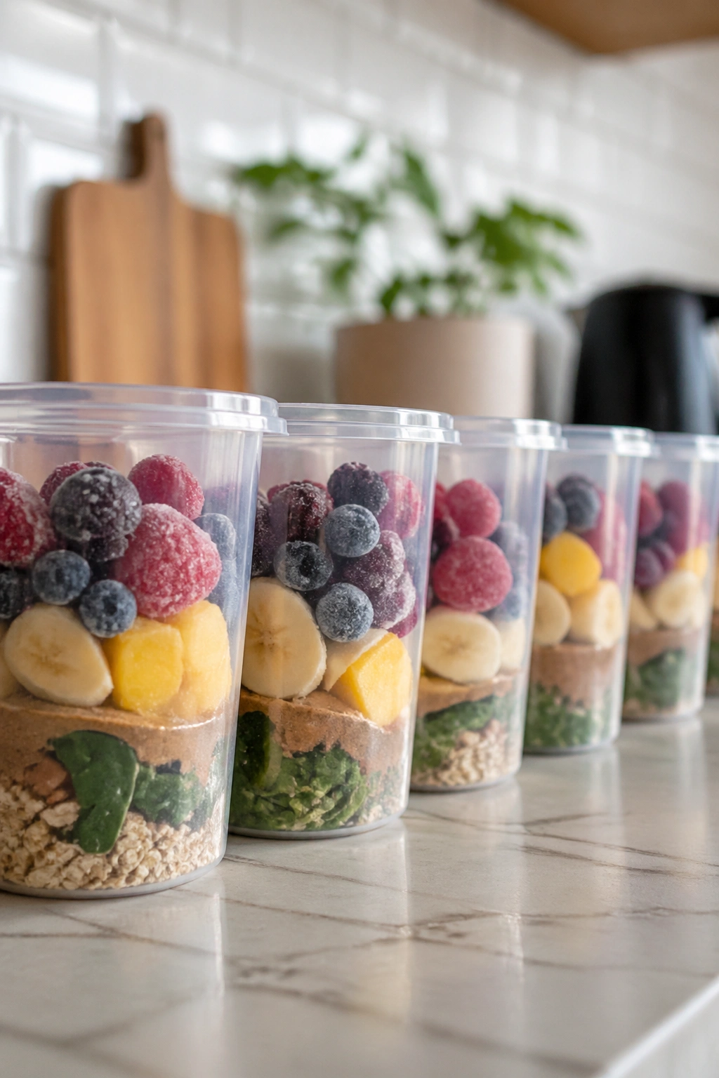 Freezer packs with pre-portioned fruit for weekly shake habit