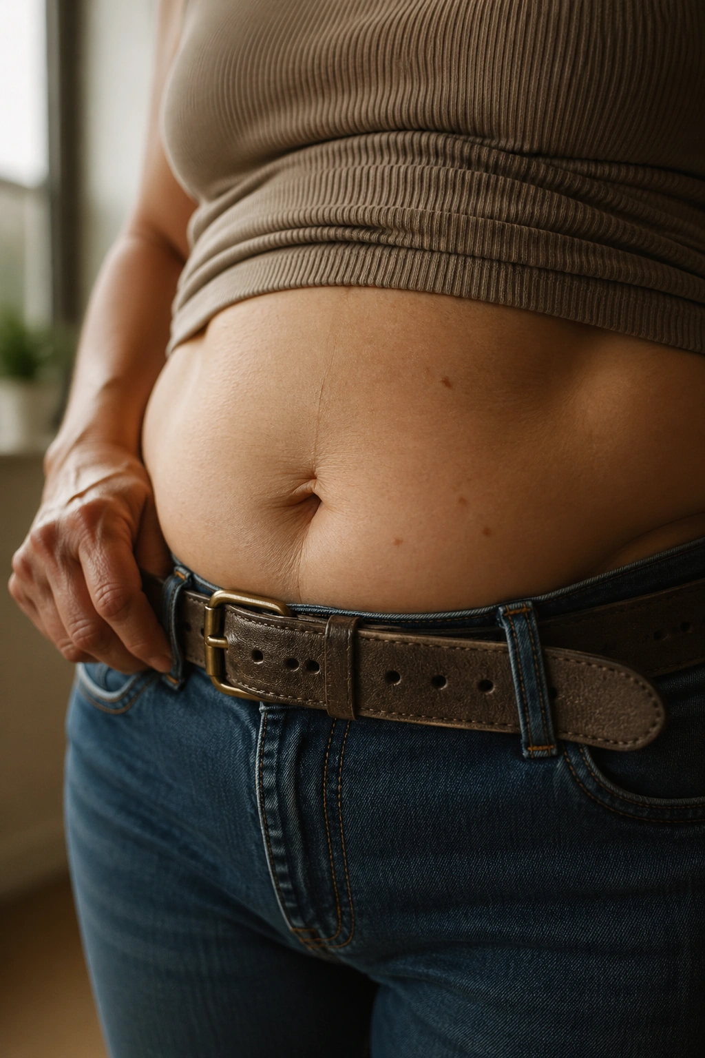 Close-up of a woman's torso wearing a belt with multiple holes to suggest weight cycling