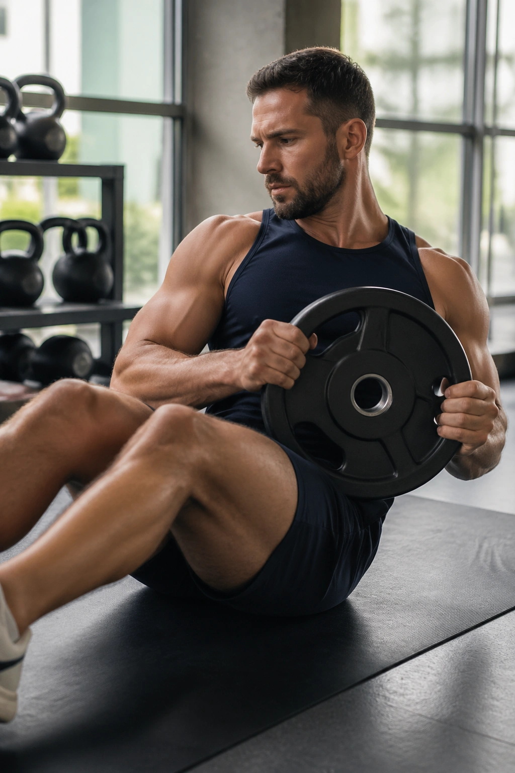 Mid-torso portrait of a person twisting with a weight plate close to the chest
