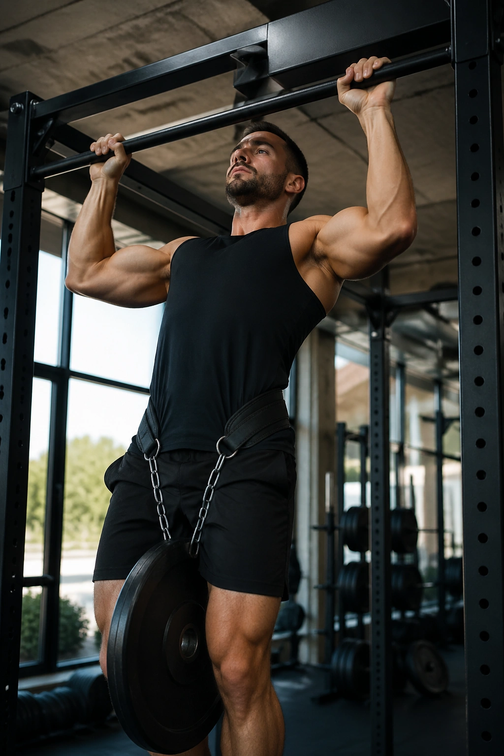 Person performing weighted pull-up showing bodyweight strength emphasis