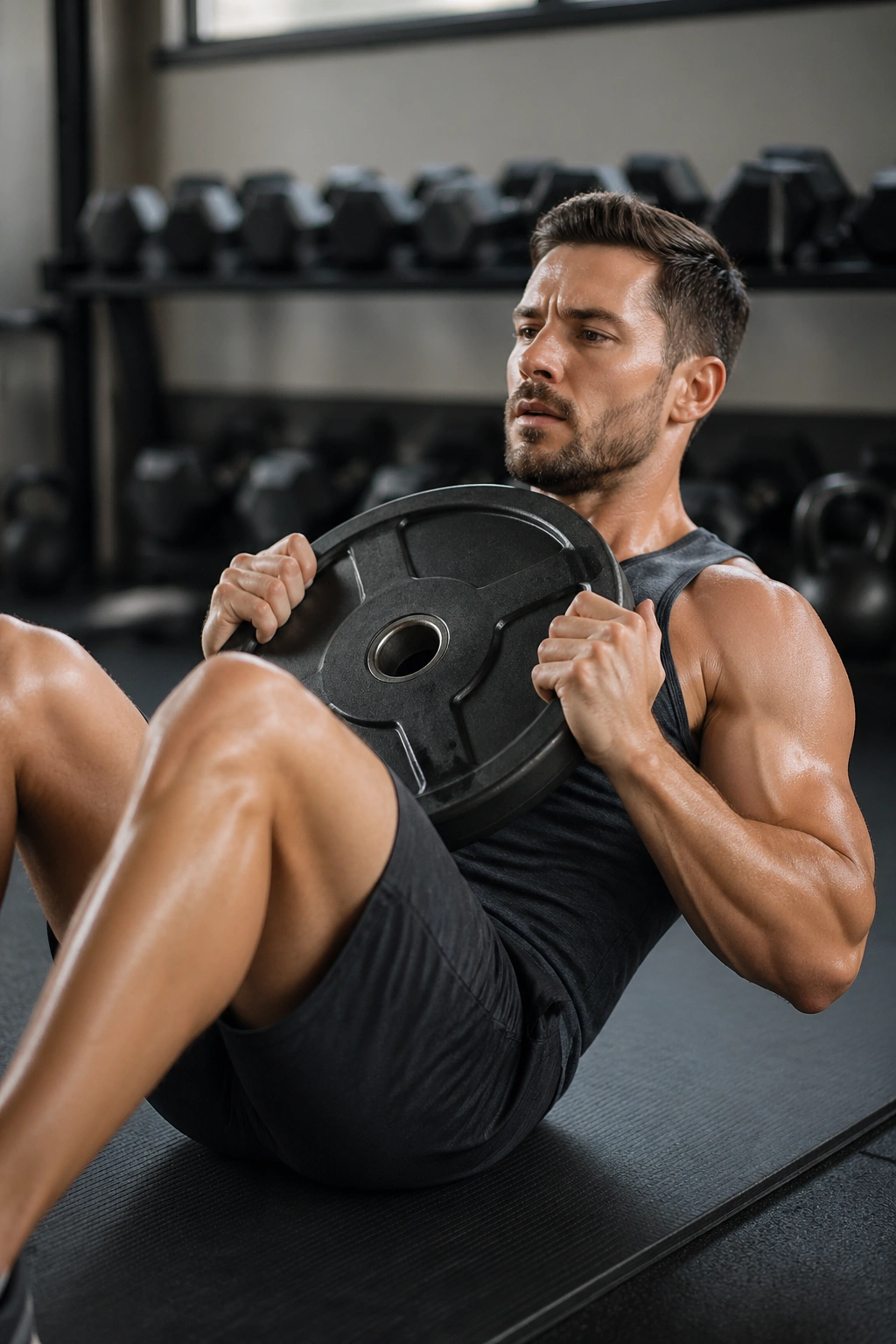 Person performing weighted plate sit-up with plate held to chest