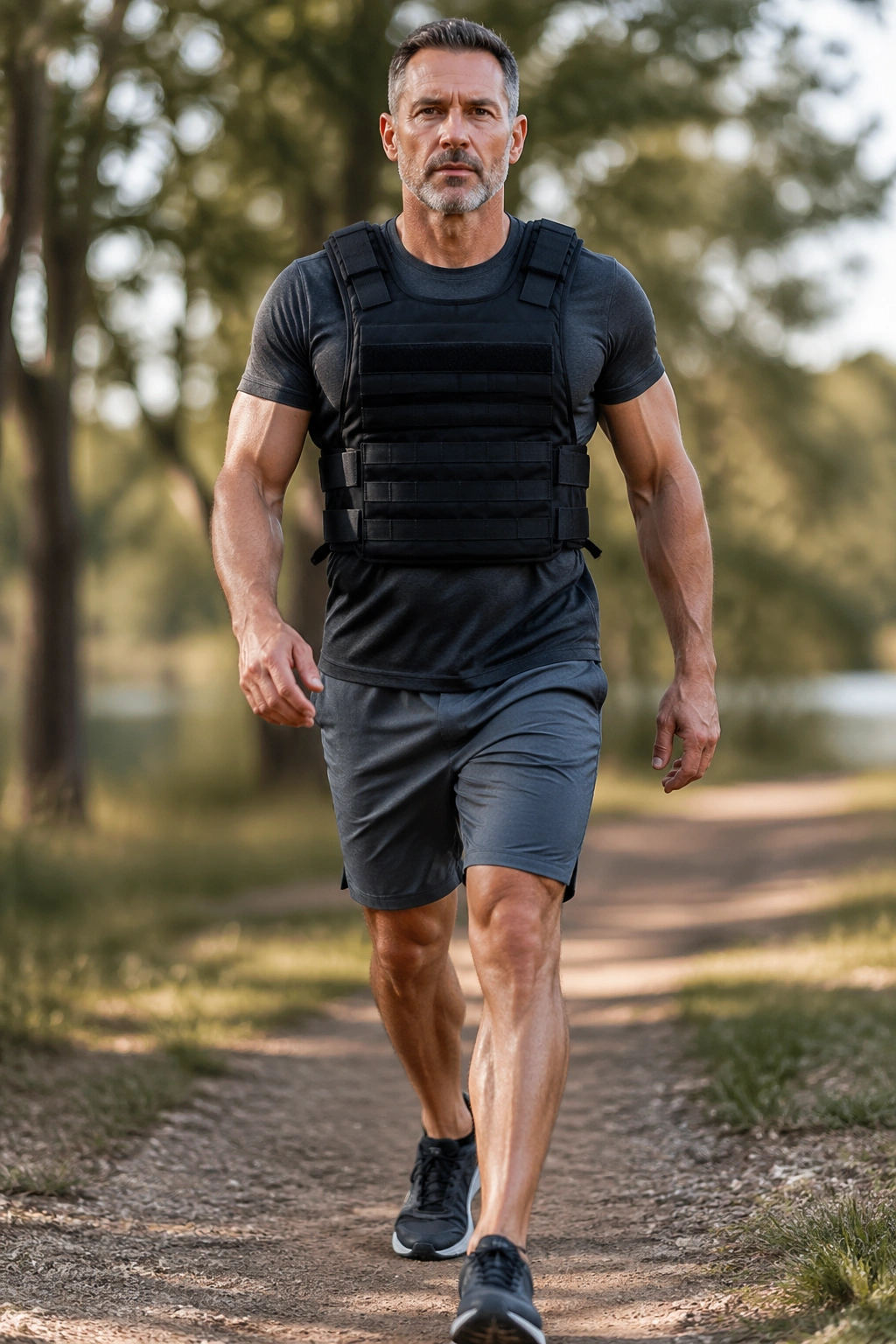 Person wearing weighted vest rucking on outdoor trail
