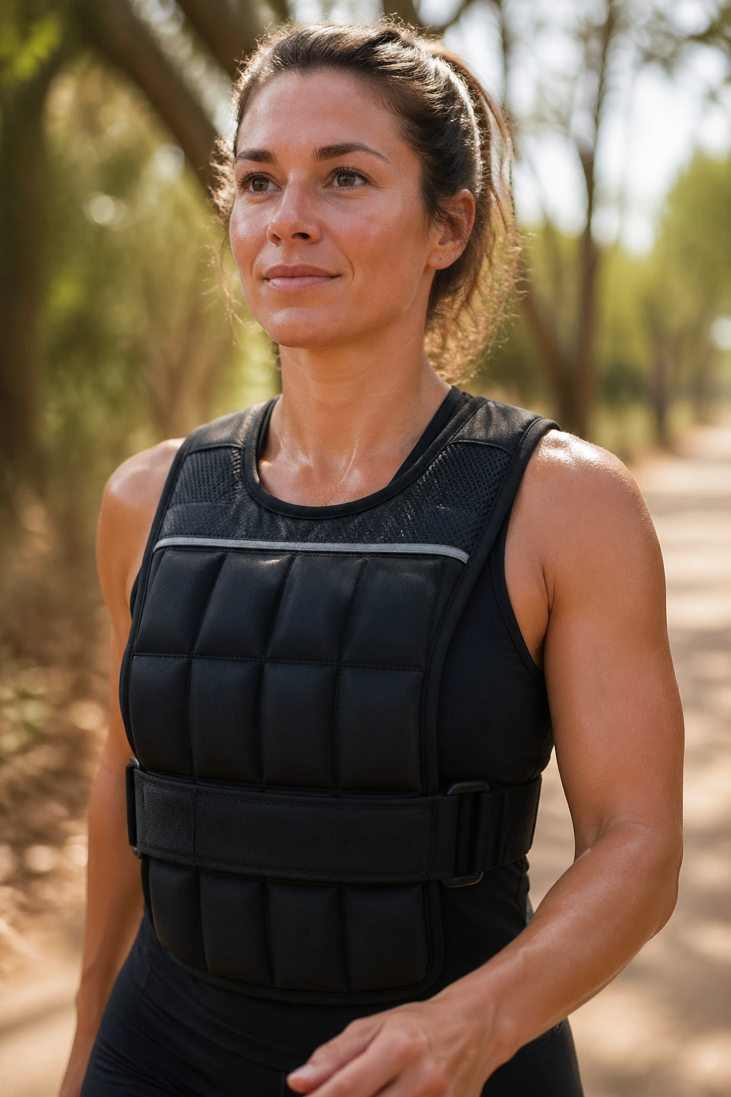 Close-up of a person walking outdoors wearing a weighted vest