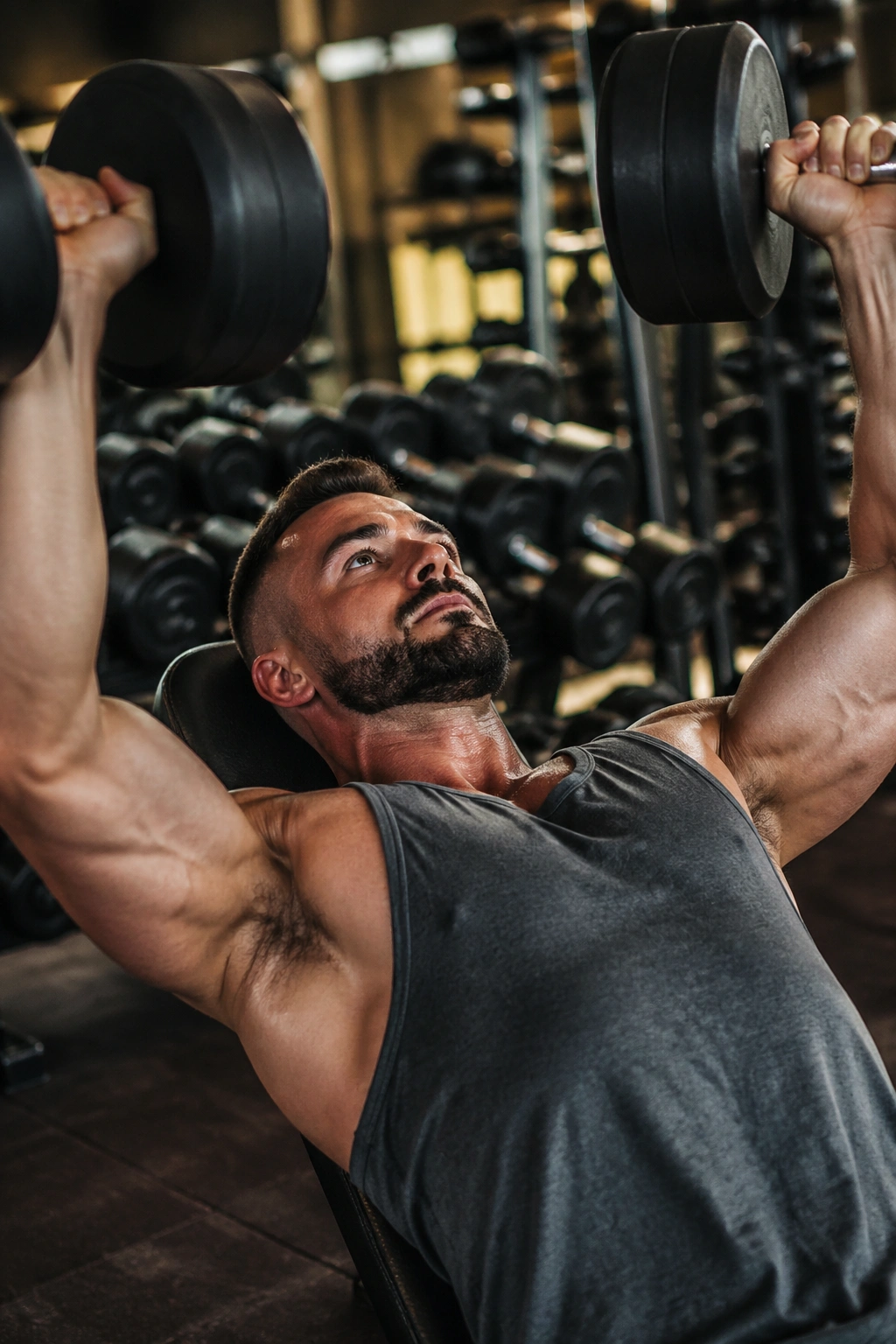 Close-up of a real person lifting a dumbbell in a gym