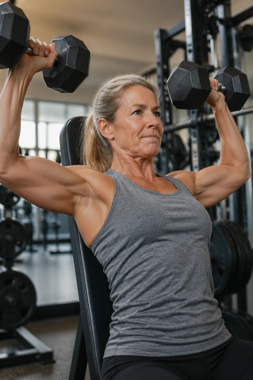 Close-up of a midlife woman performing a heavy dumbbell press in a gym.