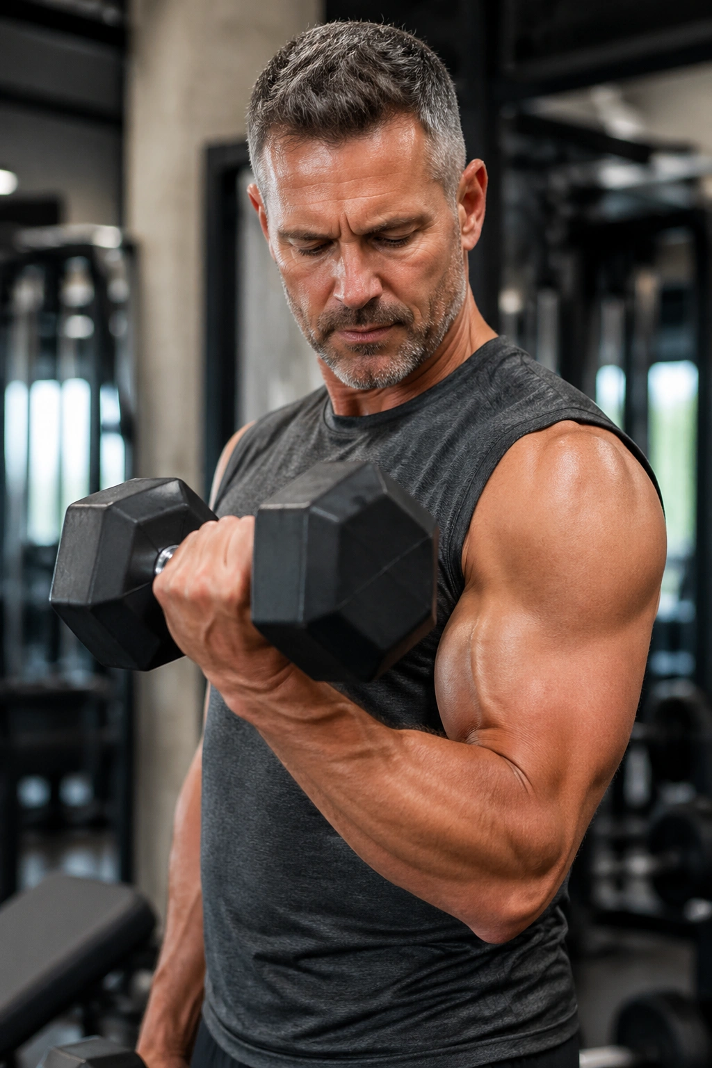 Man lifting a dumbbell in a gym during a workout