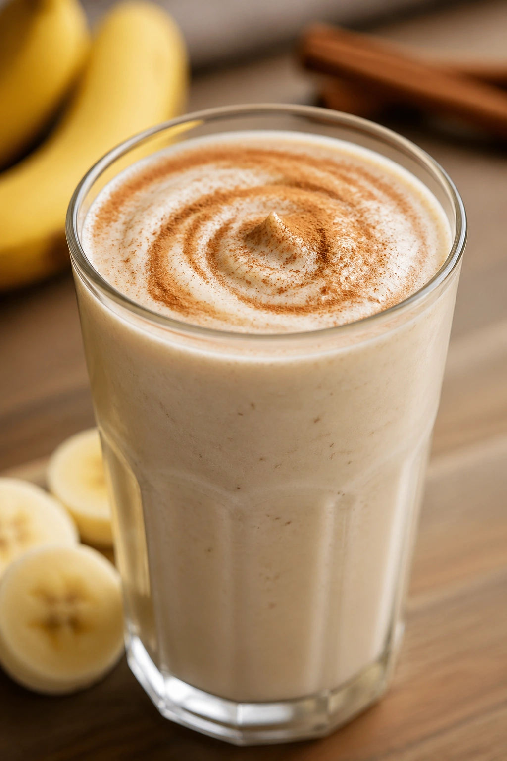 Vanilla whey shake with cinnamon swirl in a glass