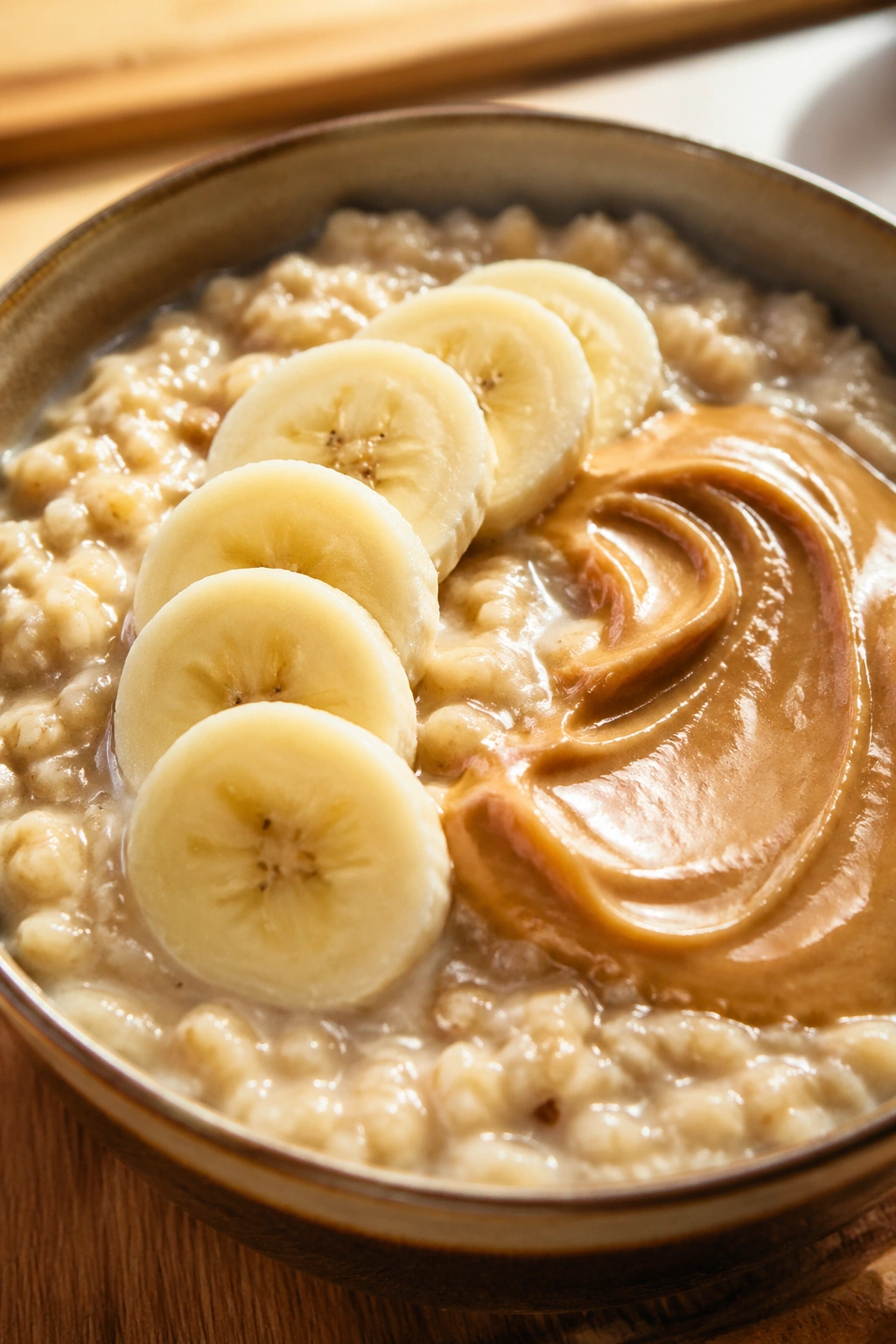 Close-up bowl of whey oatmeal with banana and peanut butter