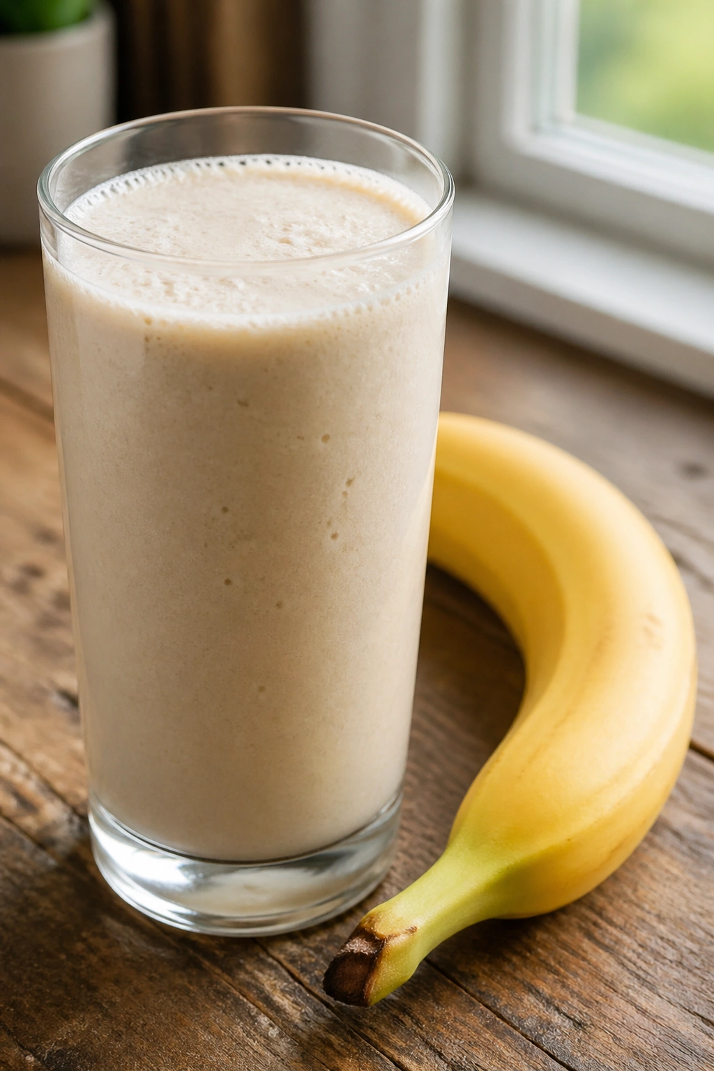 Glass of whey protein shake with a banana on a kitchen counter